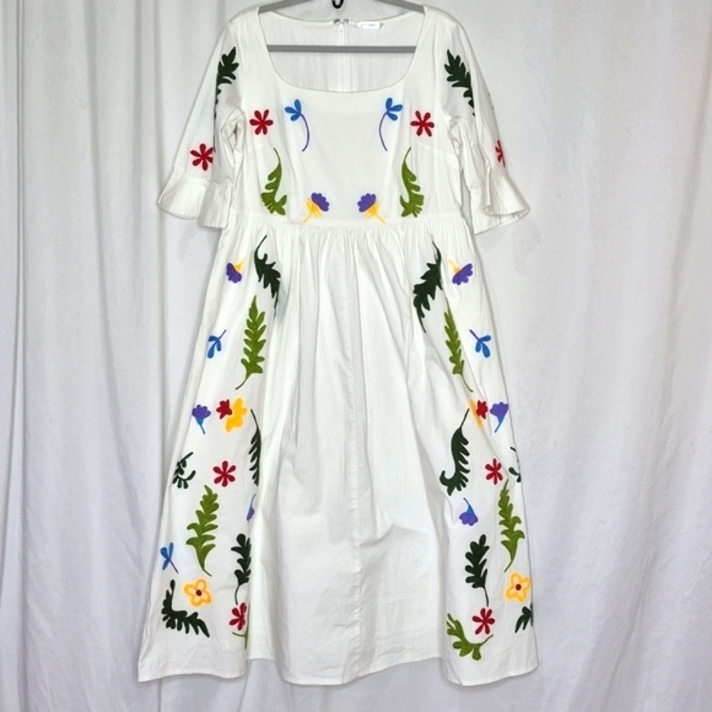 eShakti Floral Embroidered Cotton Poplin Dress - Size L - Picture 4 of 16